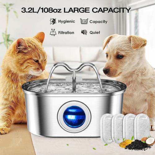 3.2L Cowhorn Model Pet Water Dispenser - Stainless Steel Automatic Water Fountain With 4 Replaceable Filters