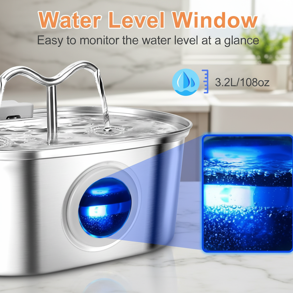 3.2L Cowhorn Model Pet Water Dispenser - Stainless Steel Automatic Water Fountain With 4 Replaceable Filters