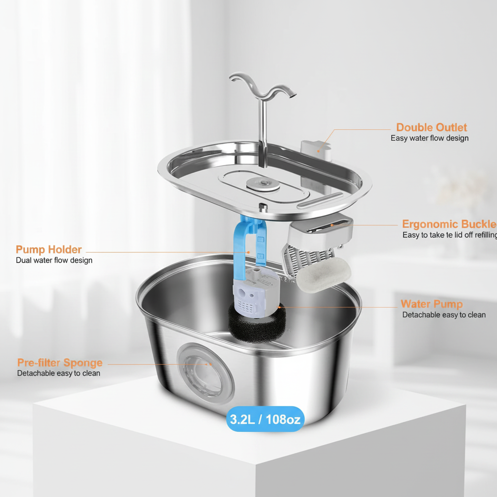 3.2L Cowhorn Model Pet Water Dispenser - Stainless Steel Automatic Water Fountain With 4 Replaceable Filters