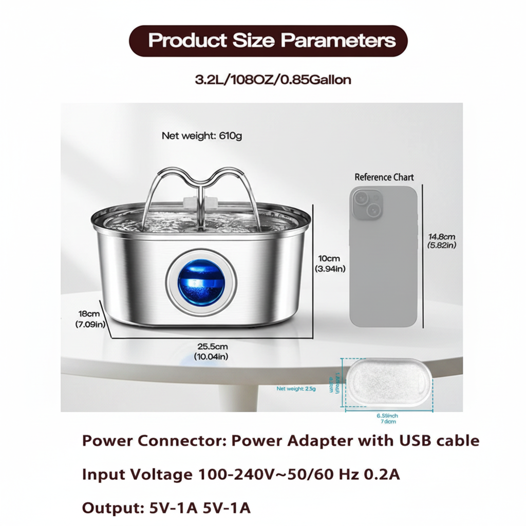 3.2L Cowhorn Model Pet Water Dispenser - Stainless Steel Automatic Water Fountain With 4 Replaceable Filters